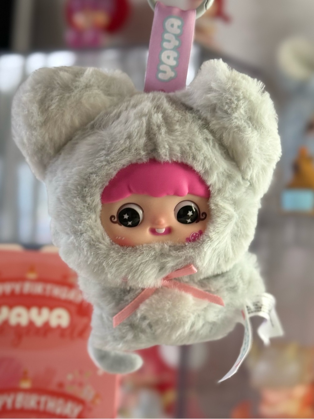 Yaya one year anniversary Plush Doll Keychain - Gray & Pink Cute Bear Costume.